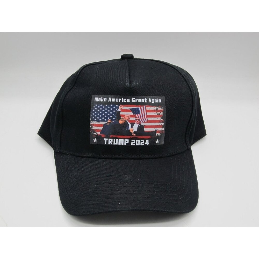 Trump 2024 Black Adjustable Baseball Cap & Flag Set
